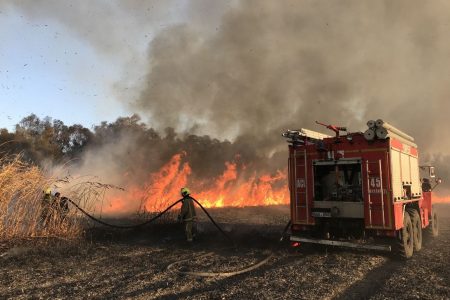 FOTO/ Pompierii au reușit lichidarea unui incendiu extins de vegetație uscată: Risca să se producă în apropierea sondelor de petrol din sudul țării